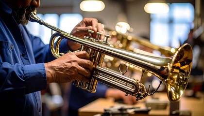 Obraz premium A man playing a trumpet in a workshop setting