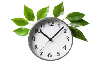 Eco-friendly time management concept with clock and green leaves showing growth and organization for your business