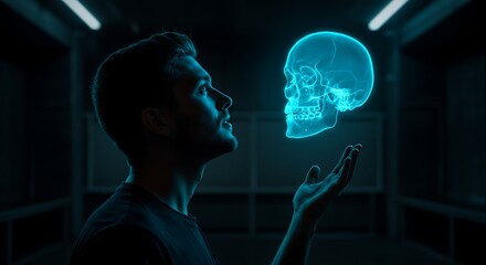 A person looking at a 3D skull floating over his hand. 