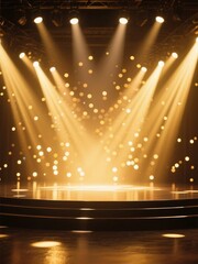 Spotlights illuminate a stage with golden bokeh effects, creating a vibrant performance atmosphere.