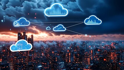 Futuristic city skyline at sunset with cloud computing icons and digital data transfer in the background - Powered by Adobe