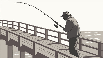 Silhouette of a Fisherman Casting a Line on a Pier.