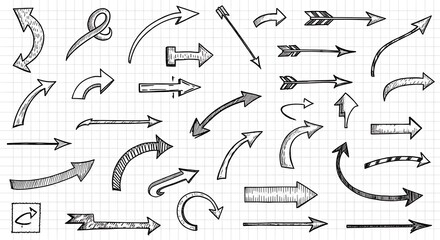 Doodle Arrow Collection: A Variety of Hand-Drawn Arrows on Grid Background for Design Elements