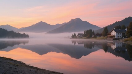 Obraz premium Serene mountain lake at dawn with mist and reflections