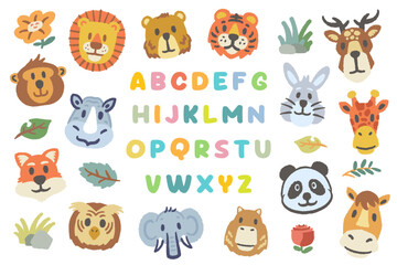 Kids doodle animal set, vector playful cute alphabet, childish jungle character kit. ABC kindergarten print , cartoon mammals, funny children design.