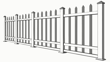 Fototapeta premium White Picket Fence Section Detailed Line Drawing.
