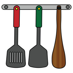 Hanging Kitchen Utensils Flat Vector – Cooking Tools Set with Spatula, Turner, and Ladle – Modern Kitchen Icon in Flat Style