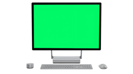 A computer setup featuring a monitor, keyboard, and mouse with a green screen.