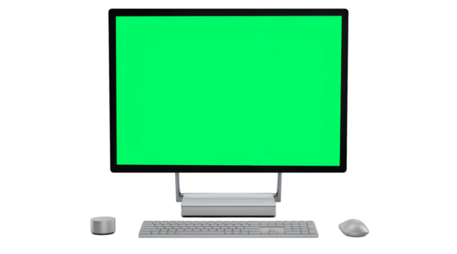 A computer setup featuring a monitor, keyboard, and mouse with a green screen.