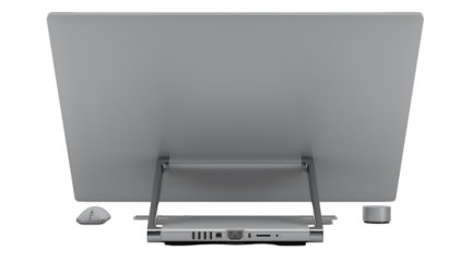 A sleek computer monitor viewed from the back, showcasing its stand and ports.