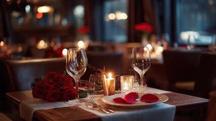 romantic dinner setup with candlelight, red roses centerpiece