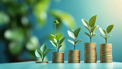 Growth of green plants emerging from stacks of coins symbolizing financial prosperity and sustainability.