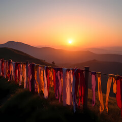 Cancer Awareness, A peaceful sunrise over a hill with colorful ribbons tied to a fence