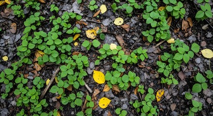 Green Leaves and Yellow Petals in a Lush Forest Environment