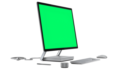 A modern computer setup with a green screen, keyboard, and mouse, ready for digital work or presentations.