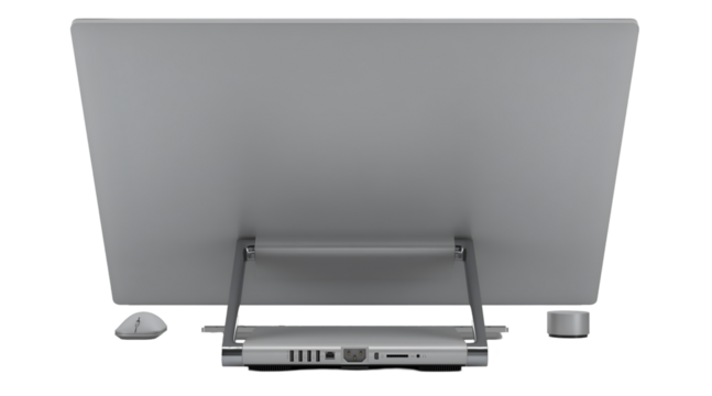 A sleek computer monitor viewed from the back, showcasing its stand and ports.