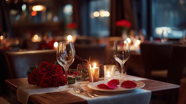 romantic dinner setup with candlelight, red roses centerpiece