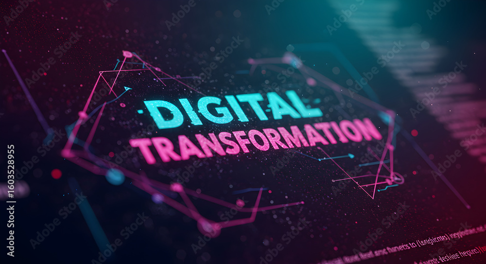 Poster abstract digital transformation concept on dark textured background with geometric patterns and boke