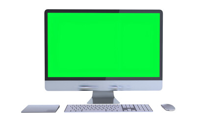 A computer setup featuring a monitor with a green screen, keyboard, and mouse for design or presentation use.
