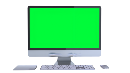 A computer setup featuring a monitor with a green screen, keyboard, and mouse for design or presentation use.