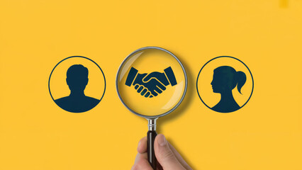 Find the perfect business partner, handshake deal through a magnifying glass