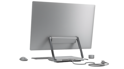 A sleek computer monitor viewed from the back, with a keyboard and mouse connected.