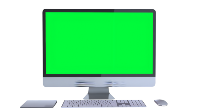 A computer setup featuring a monitor with a green screen, keyboard, and mouse for design or presentation use.