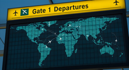 Airport Departure Sign Displays Turquoise World Map and Flight Routes Details