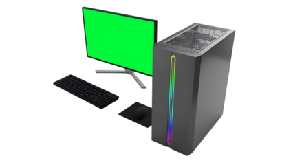 A desktop computer setup featuring a monitor, keyboard, and a sleek tower with RGB lighting.