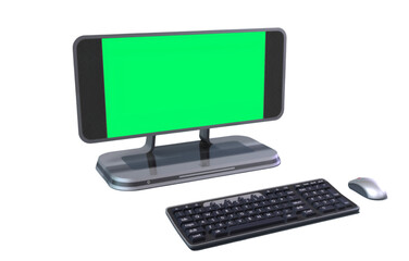 A computer setup featuring a monitor with a green screen, keyboard, and mouse for various applications.