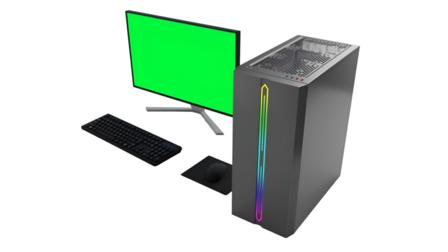 A desktop computer setup featuring a monitor, keyboard, and a sleek tower with RGB lighting.