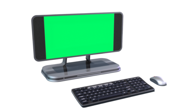 A computer setup featuring a monitor with a green screen, keyboard, and mouse for various applications.