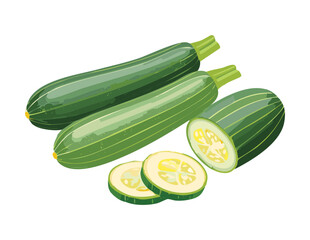 Pair of Green Zucchini and Slices - Vector Illustration