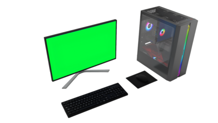 A modern computer setup featuring a monitor, keyboard, mouse, and a stylish gaming PC case.