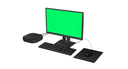A modern computer setup featuring a monitor, keyboard, mouse, and a compact system unit.
