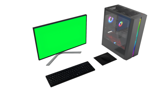 A modern computer setup featuring a monitor, keyboard, mouse, and a stylish gaming PC case.