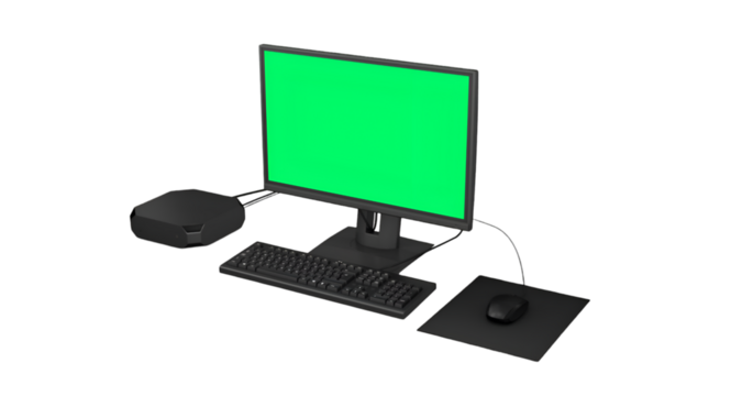 A modern computer setup featuring a monitor, keyboard, mouse, and a compact system unit.
