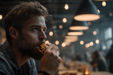 Pensive man enjoying a gourmet burger in trendy urban cafe with modern industrial lighting, capturing the essence of relaxed urban lifestyle and casual dining experience