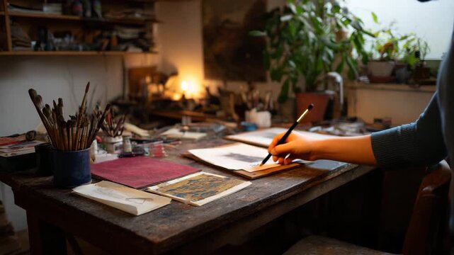 This artistic space is filled with creative tools, warm lighting, and a lush plant, ideal for fostering creativity and inspiration in painting or drawing pursuits.