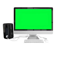 A desktop computer setup featuring a monitor, keyboard, mouse, and a tower with a blank green screen.