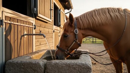 A beautiful chestnut horse drinking water from a rustic stone trough next to a stable during the golden hour. - Powered by Adobe