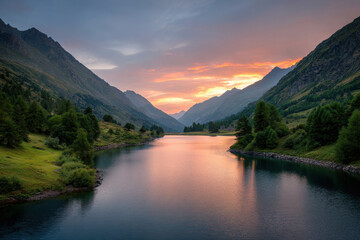 breathtaking sunset over tranquil mountain lake in switzerland reflecting colorful sky