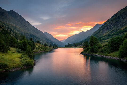 breathtaking sunset over tranquil mountain lake in switzerland reflecting colorful sky