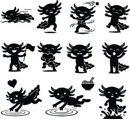 A collection of cute black silhouette axolotl characters in various dynamic poses and expressing different emotions.