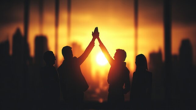 Diverse business team celebrates success in modern office with laughter, high-fives, and flying papers, bright light and city skyline in background.