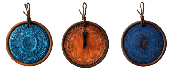 Three Decorative Circular Crafts With Intricate Designs and Varied Colors on Transparent Background