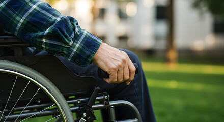 Obraz premium Elderly Hand Gripping Wheelchair Wheel on Green Grass in Sunlight With Plaid Shirt