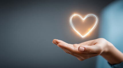 Fototapeta premium Glowing heart shape hovers above open hand symbolizing love and care. image evokes emotional triggers and behavioral connections