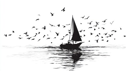 Silhouette of a sailboat with birds on a calm sea