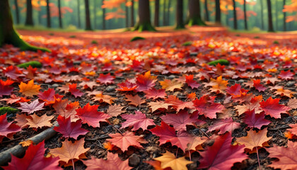 Colourfull fallen maple leaves in autumn covering the ground; Quebec, Canada,leaf fall